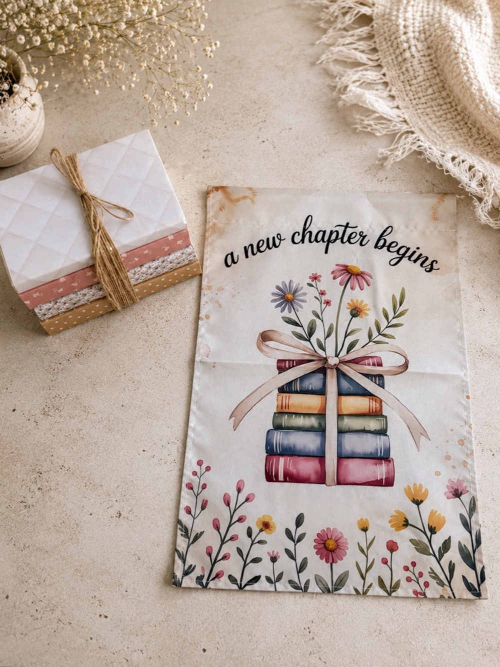 A New Chapter Begins Book Stack & Garden Flag Double Sided 18” x 12”